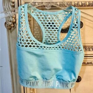 NEW Victorias Secret PINK Ultimate Fishnet Detailed Unlined Aqua Blue Sports Bra